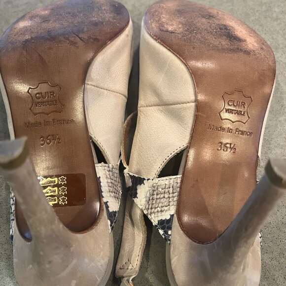 France Mode Taupe Leather Heel Slingbacks with Snakeskin detail 36.5/6 - Picture 11 of 11